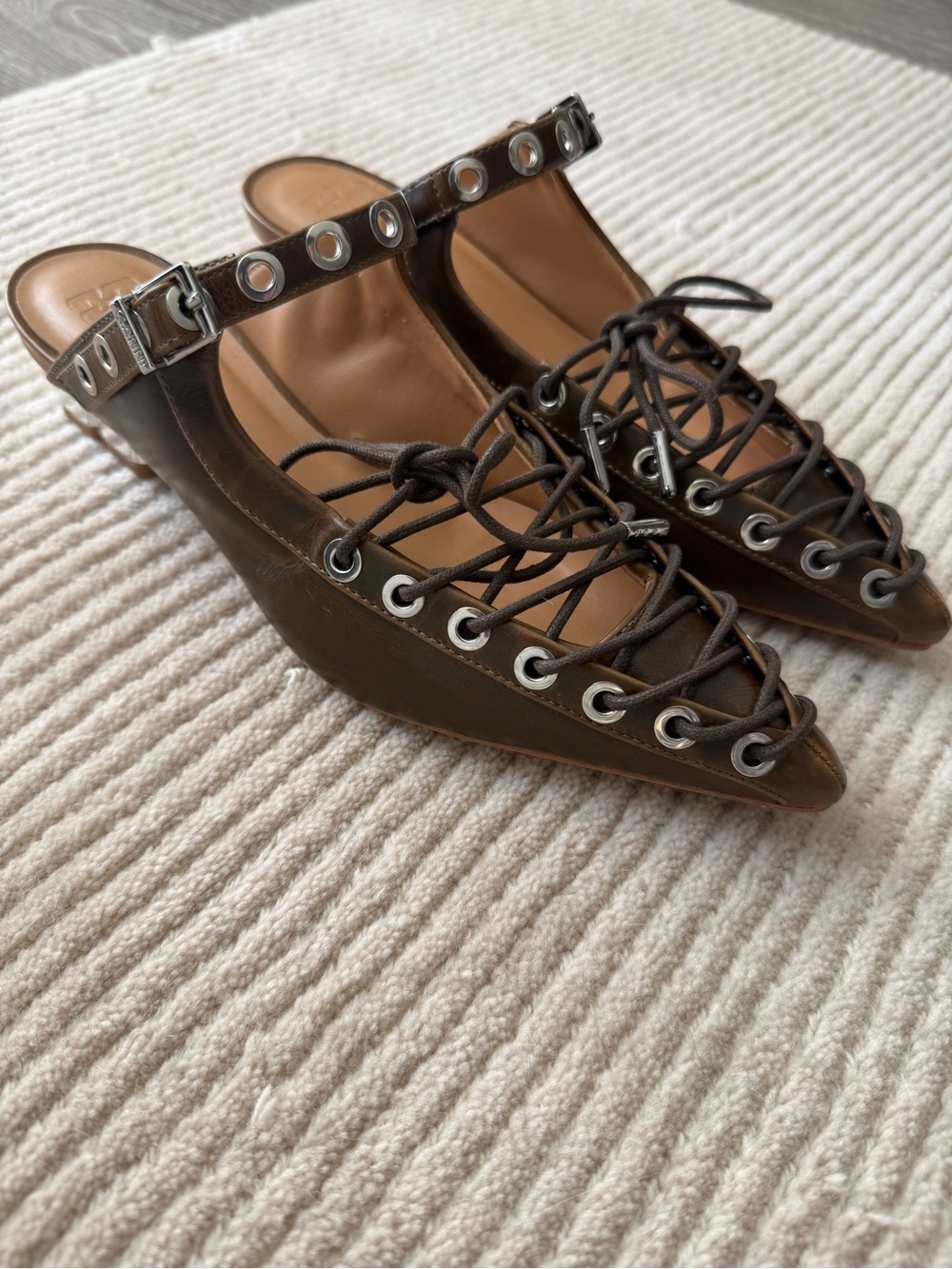 Ganni Dark Olive Lace-Up Mule Size 6 NWB